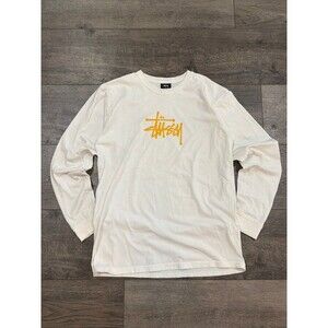Stussy Basic Logo Long Sleeve T-Shirt Men's Size M Cream Orange Crew Neck